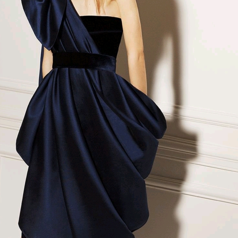 Leal Daccarett Elegant Undraped Navy Gown with Black Velvel Built-In Dress